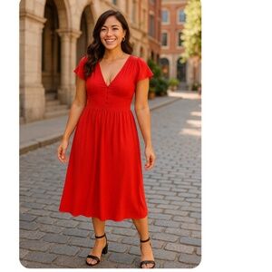 BETSEY JOHNSON Corsey Flutter Sleeve Midi Dress Size Large Valiant Poppy